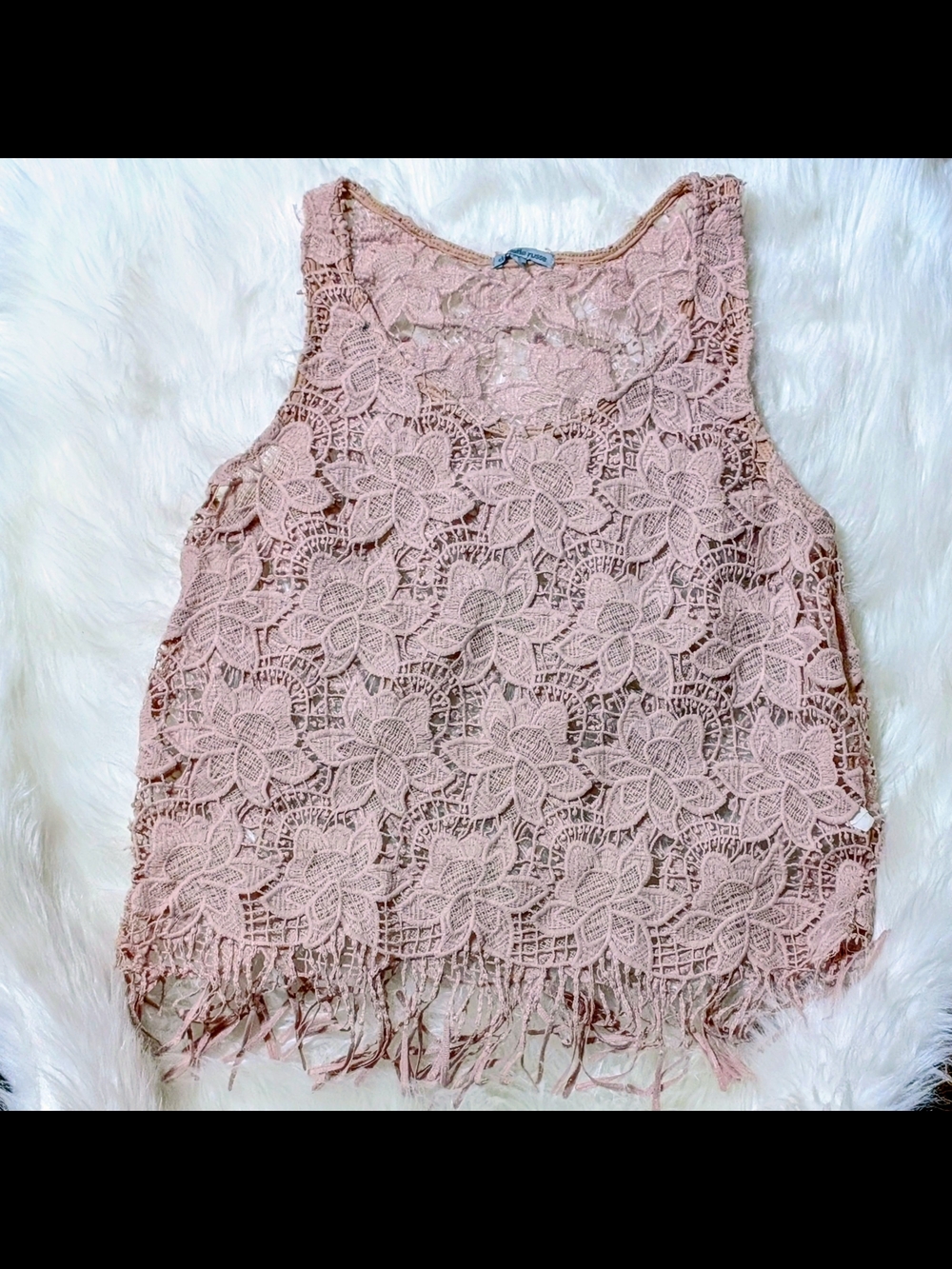 Women's Blush Pink Crochet Fringe Tank Top